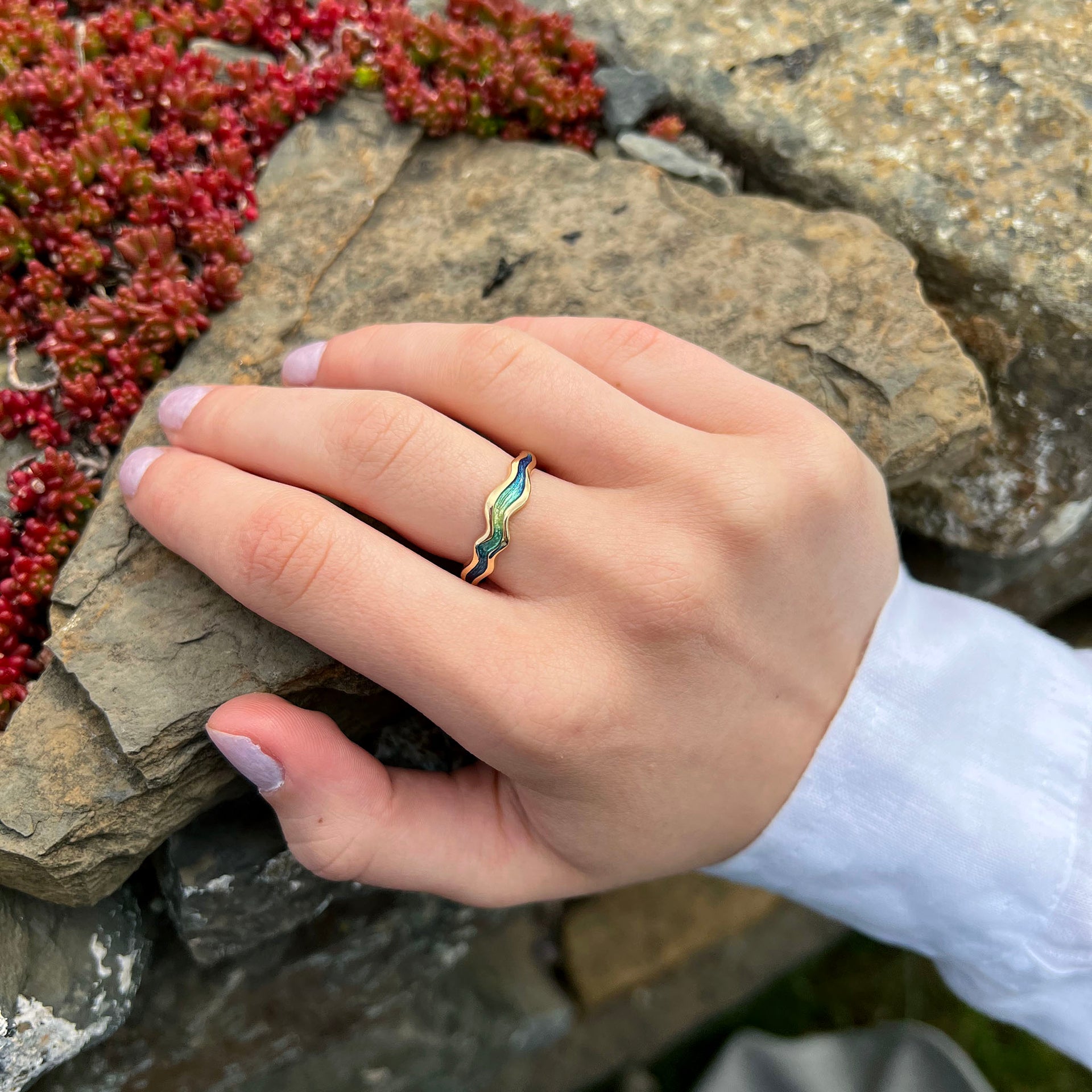 River Ripples 18ct Yellow Gold Ring in Ocean Enamel – Sheila Fleet ...
