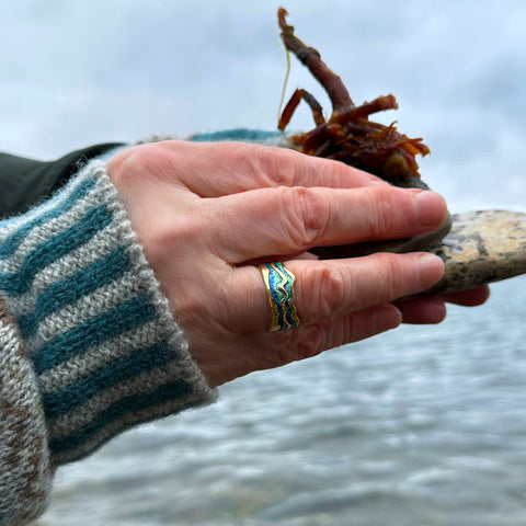 River Ripples 18ct Yellow Gold Dress Ring in Ocean Enamel by Sheila Fleet Jewellery