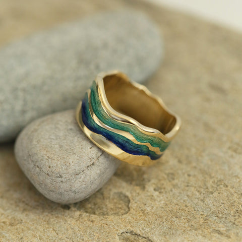 River Ripples 18ct Yellow Gold Dress Ring in Ocean Enamel by Sheila Fleet Jewellery