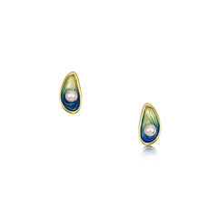 Mussel 18ct Yellow Gold Stud Earrings with Peach Pearls in Ocean Enamel by Sheila Fleet Jewellery