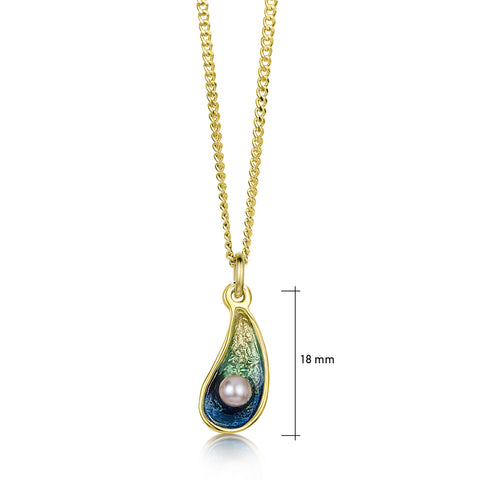Mussel 18ct Yellow Gold Petite Pendant with Peach Pearl in Ocean Enamel by Sheila Fleet Jewellery