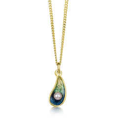 Mussel 18ct Yellow Gold Petite Pendant with Peach Pearl in Ocean Enamel by Sheila Fleet Jewellery