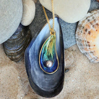 Mussel 18ct Yellow Gold Medium Pendant with Peach Pearl in Ocean Enamel by Sheila Fleet Jewellery