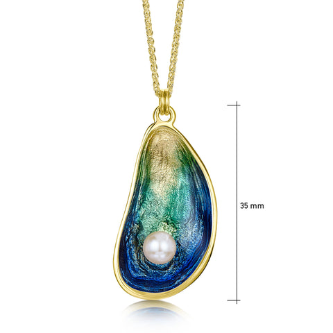 Mussel Large 18ct Yellow Gold Pendant with Peach Pearl in Ocean Enamel by Sheila Fleet Jewellery