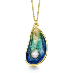 Mussel Large 18ct Yellow Gold Pendant with Peach Pearl in Ocean Enamel by Sheila Fleet Jewellery