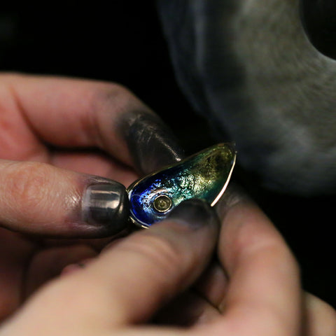 Mussel Large 18ct Yellow Gold Pendant with Black Pearl in Ocean Enamel by Sheila Fleet Jewellery