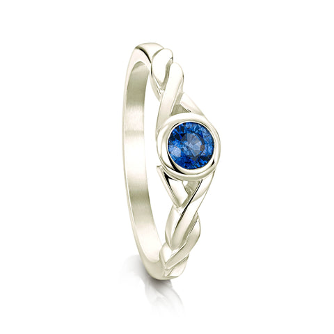 Celtic Twist Sapphire Solitaire Ring in 9ct White Gold by Sheila Fleet Jewellery