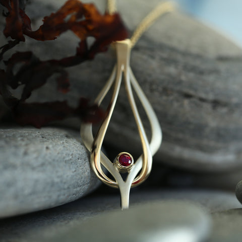 Reef Knot Ruby Dress Pendant in 18ct White & Yellow Gold by Sheila Fleet Jewellery