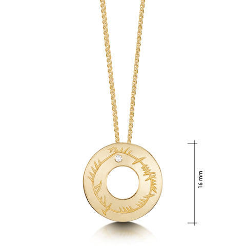Ogham Small Pendant Necklace in 9ct Yellow Gold with a Diamond by Sheila Fleet Jewellery