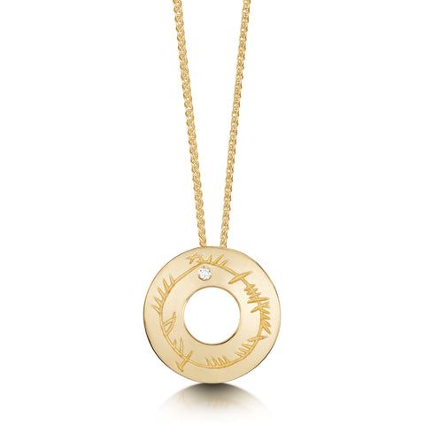 Ogham Small Pendant Necklace in 9ct Yellow Gold with a Diamond by Sheila Fleet Jewellery
