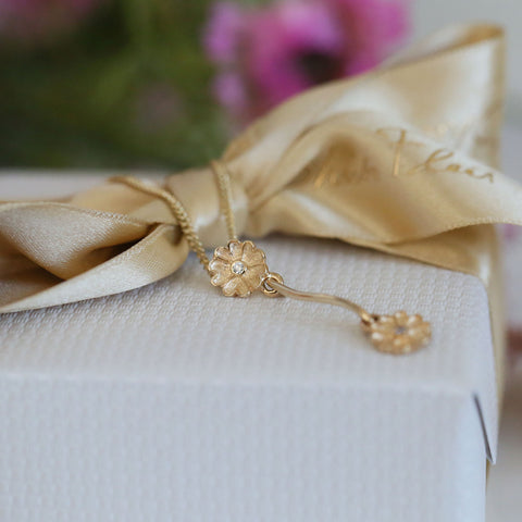 Primula Scotica Long 2-flower Diamond Pendant in 9ct Yellow Gold by Sheila Fleet Jewellery