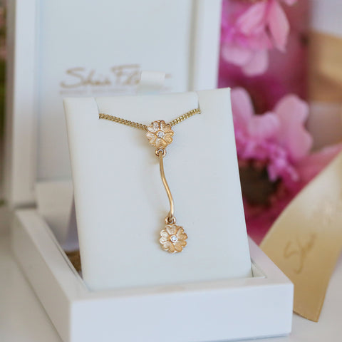 Primula Scotica Long 2-flower Diamond Pendant in 9ct Yellow Gold by Sheila Fleet Jewellery