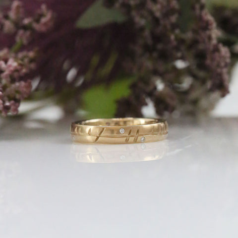 Ogham Small Ring in 9ct Yellow Gold with Diamonds by Sheila Fleet Jewellery