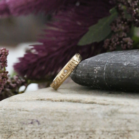 Ogham Small Ring in 9ct Yellow Gold with Diamonds by Sheila Fleet Jewellery