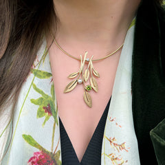 Rowan Occasion Necklace in 9ct Yellow Gold with Peridot, Pearl & Diamond by Sheila Fleet Jewellery