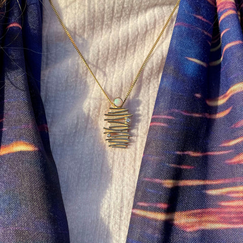 Moonlight Pendant Necklace in 9ct Yellow Gold with Opal & Diamond by Sheila Fleet Jewellery