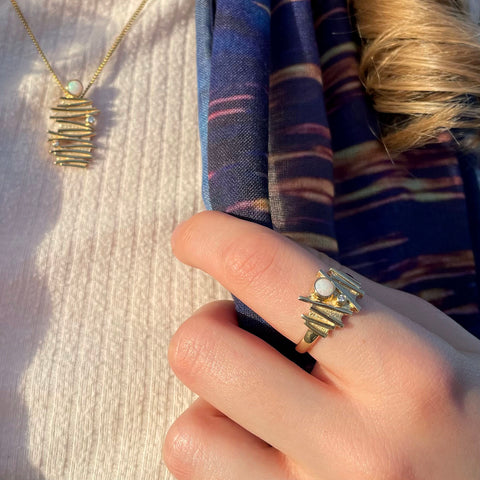 Moonlight Ring in 9ct Yellow Gold with Opal & Diamond by Sheila Fleet Jewellery