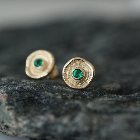 Lunar Emerald Petite Stud Earrings in 9ct Yellow Gold by Sheila Fleet Jewellery