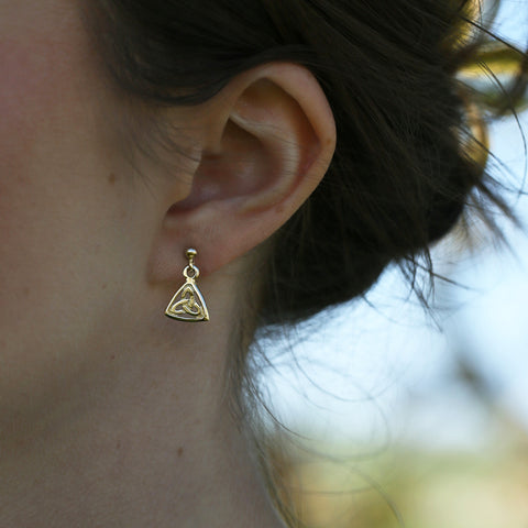Book of Kells Trinity Knot Small Drop Earrings in 9ct Yellow Gold by Sheila Fleet Jewellery