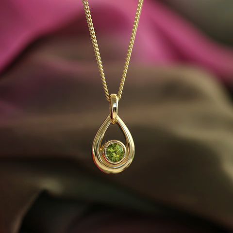 Peridot Birthstone Droplet Pendant in 9ct Yellow Gold by Sheila Fleet Jewellery
