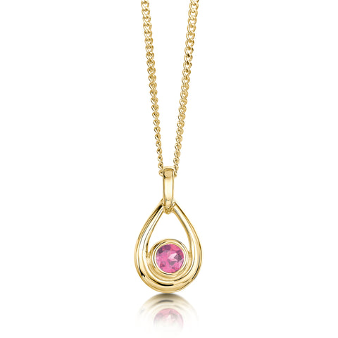 Pink Tourmaline Birthstone Droplet Pendant in 9ct Yellow Gold by Sheila Fleet Jewellery