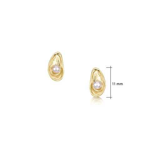 Mussel Stud Earrings with Peach Pearls in 9ct Yellow Gold by Sheila Fleet Jewellery