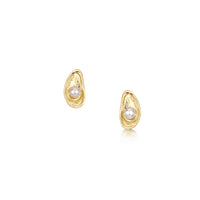 Mussel Stud Earrings with Peach Pearls in 9ct Yellow Gold by Sheila Fleet Jewellery