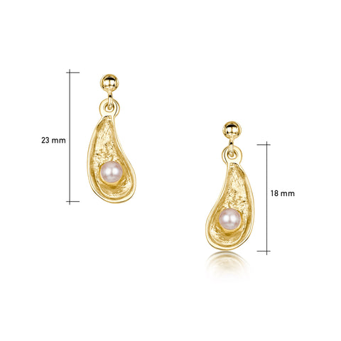 Mussel Small Drop Earrings with Peach Pearls in 9ct Yellow Gold by Sheila Fleet Jewellery
