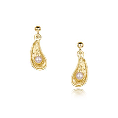 Mussel Small Drop Earrings with Peach Pearls in 9ct Yellow Gold by Sheila Fleet Jewellery