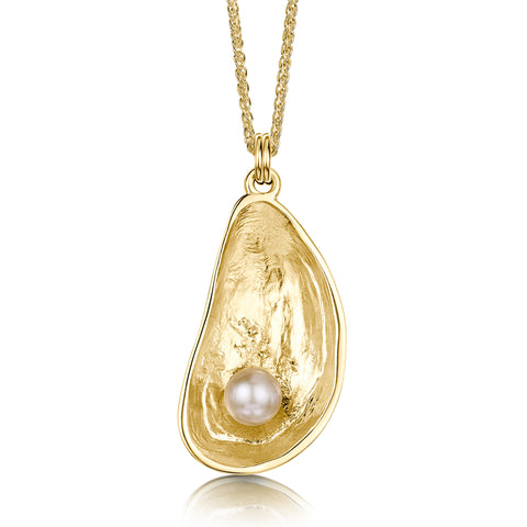 Mussel Large Pendant with Peach Pearl in 9ct Yellow Gold by Sheila Fleet Jewellery