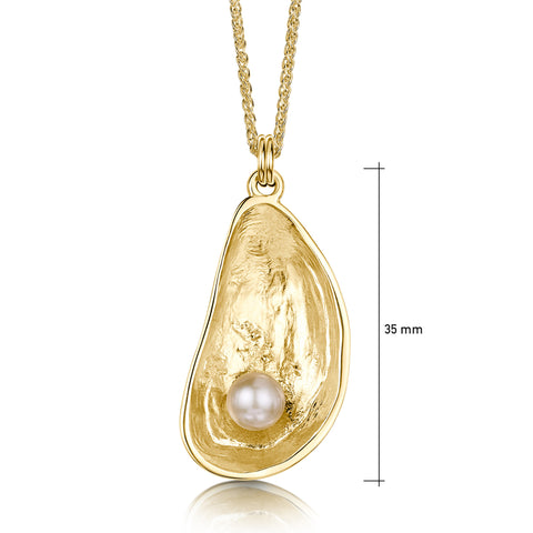 Mussel Large Pendant with Peach Pearl in 9ct Yellow Gold by Sheila Fleet Jewellery