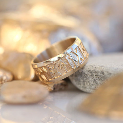 Runic Dress Ring in 9ct Yellow Gold by Sheila Fleet Jewellery
