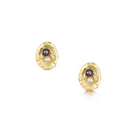 Limpet Stud Earrings with Black & Peach Pearls in 9ct Yellow Gold by Sheila Fleet Jewellery
