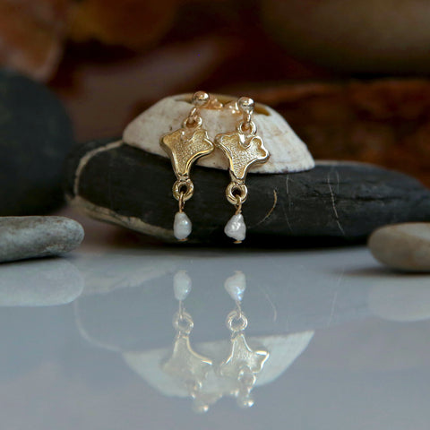 Sea Moss Baroque Pearl Small Drop Earrings in 9ct Yellow Gold by Sheila Fleet Jewellery