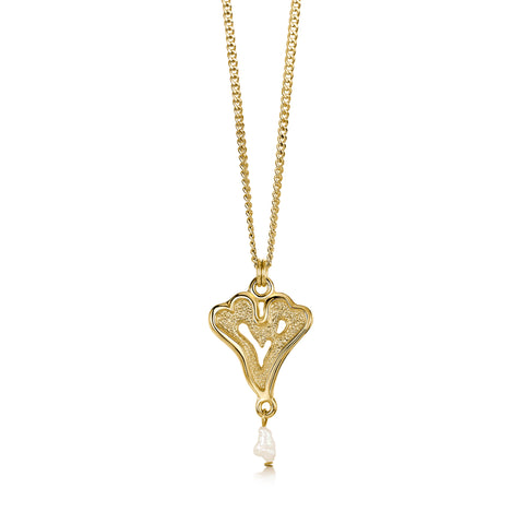Sea Moss Heart Pendant with Baroque Pearl in 9ct Yellow Gold by Sheila Fleet Jewellery