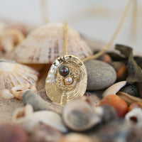 Limpet Large Pendant with Black & Peach Pearls in 9ct Yellow Gold by Sheila Fleet Jewellery