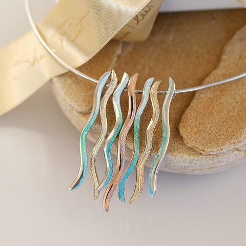 Atlantic Swell Short 7-frond Shallows Enamel Statement Necklace in Silver & Mixed Gold by Sheila Fleet Jewellery
