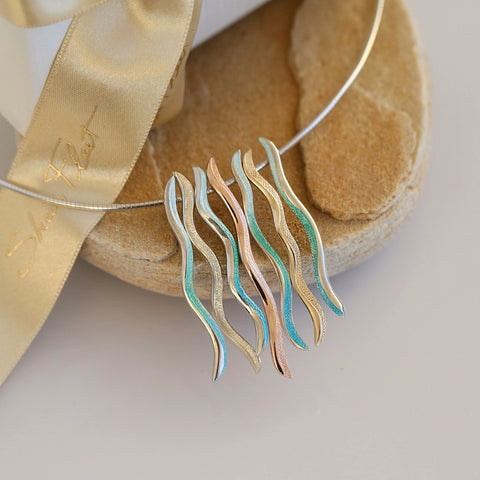 Atlantic Swell Short 7-frond Shallows Enamel Statement Necklace in Silver & Mixed Gold by Sheila Fleet Jewellery