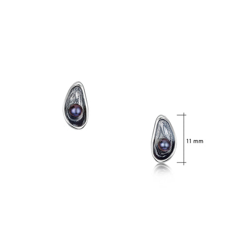 Mussel Oxidised Silver Stud Earrings with Black Pearls by Sheila Fleet Jewellery