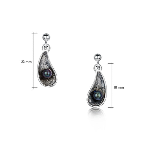 Mussel Oxidised Silver Small Drop Earrings with Black Pearls by Sheila Fleet Jewellery