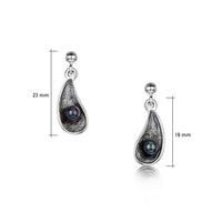 Mussel Oxidised Silver Small Drop Earrings with Black Pearls by Sheila Fleet Jewellery