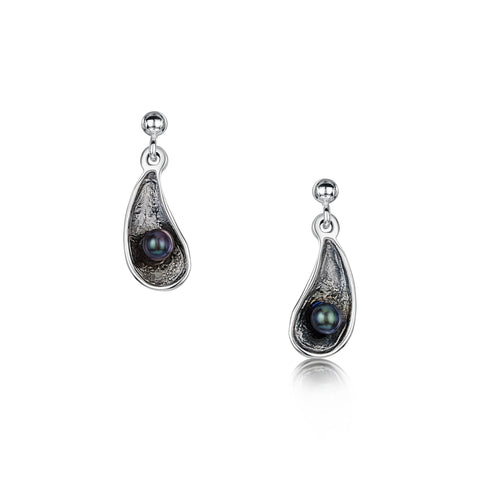 Mussel Oxidised Silver Small Drop Earrings with Black Pearls by Sheila Fleet Jewellery