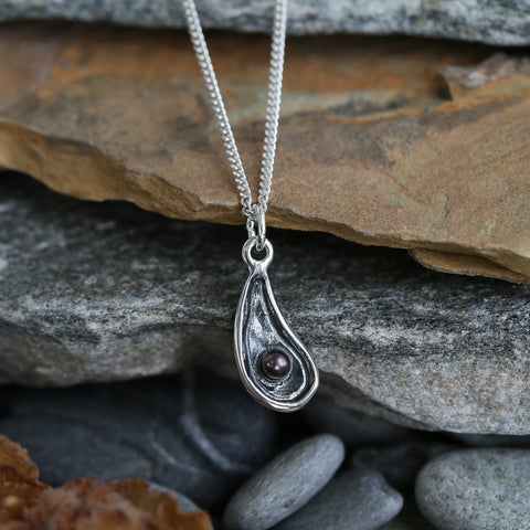 Mussel Oxidised Silver Petite Pendant with Black Pearl by Sheila Fleet Jewellery