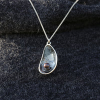 Mussel Oxidised Silver Large Pendant with Black Pearl by Sheila Fleet Jewellery