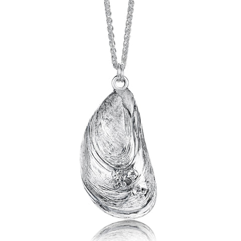 Mussel Oxidised Silver Large Pendant with Black Pearl by Sheila Fleet Jewellery