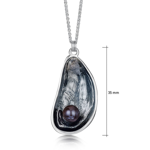 Mussel Oxidised Silver Large Pendant with Black Pearl by Sheila Fleet Jewellery