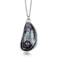 Mussel Oxidised Silver Large Pendant with Black Pearl by Sheila Fleet Jewellery