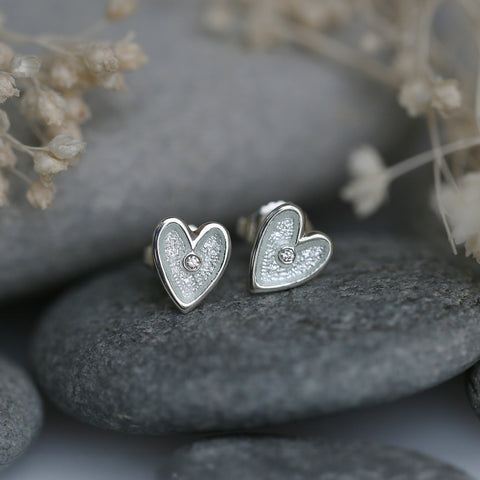 Secret Hearts Cubic Zirconia Stud Earrings in Crystal Enamel by Sheila Fleet Jewellery