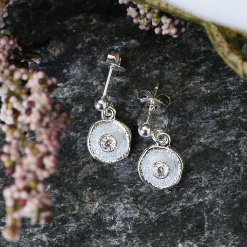 Lunar Cubic Zirconia Petite Drop Earrings in Frost Enamel