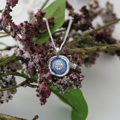 Lunar Cubic Zirconia Small Pendant Necklace in Lunar Blue Enamel by Sheila Fleet Jewellery
